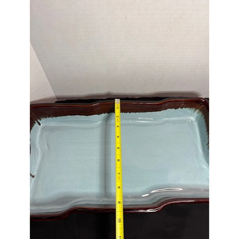Rectangular Serving Platter Brown Rim Light Blue Center‎ Decorative Display Tray